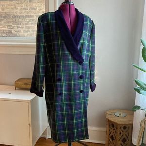 Vintage Double Breasted Plaid and Velvet Long Coat